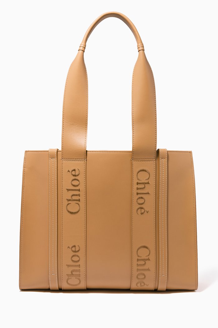 Medium Woody Tote Bag in Leather, Neutral