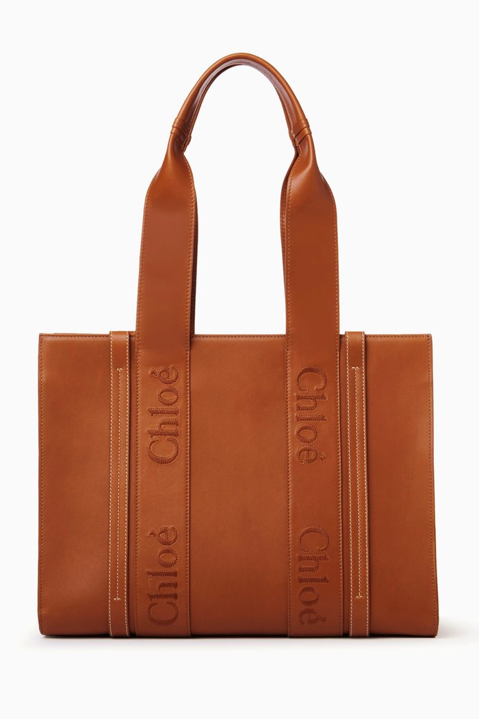 Medium Woody Tote Bag in Leather, Brown