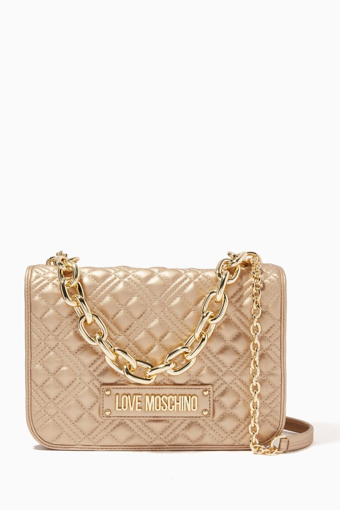

Chunky Chain Shoulder Bag in Faux Leather, Neutral