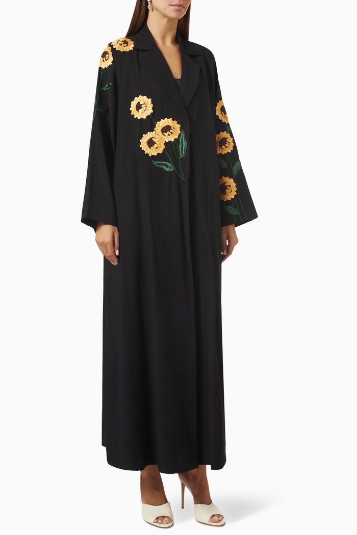 

Sunflower Garden Embroidered Abaya in Crushed Cotton, Black