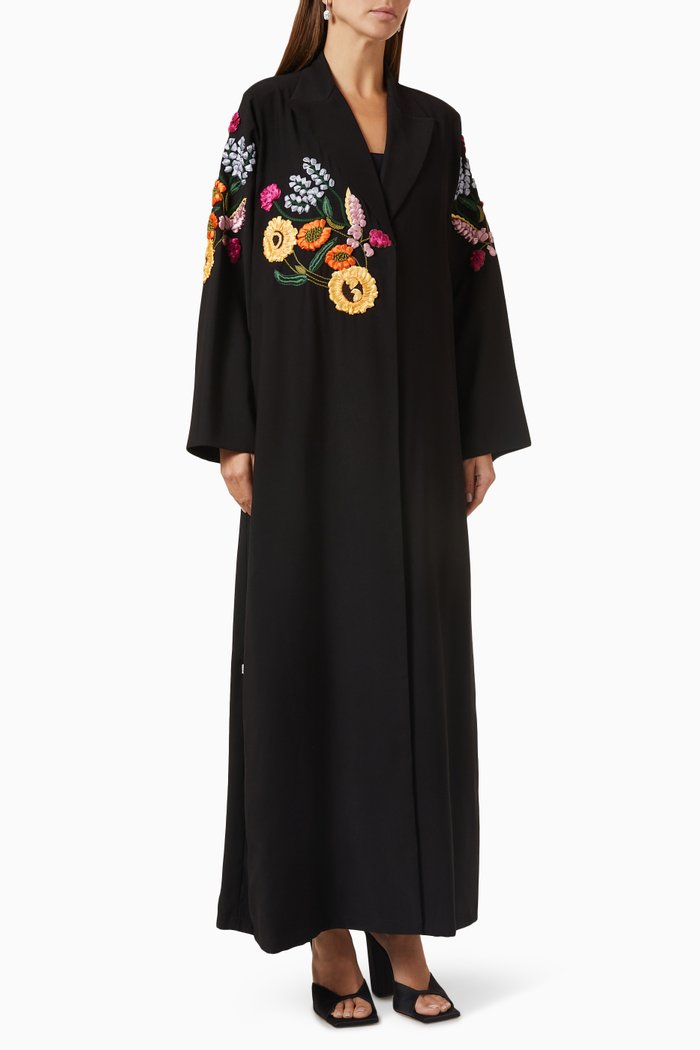 

Notched Collar Sunflower Abaya, Black