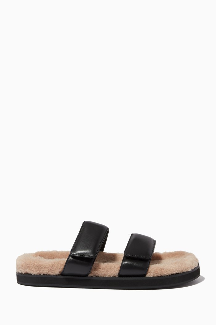 

Theo Round-toe Slides in Leather & Faux Shearling, Neutral