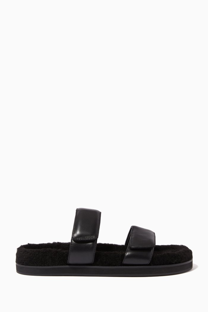 Theo Round-toe Slides in Leather & Faux Shearling, Black