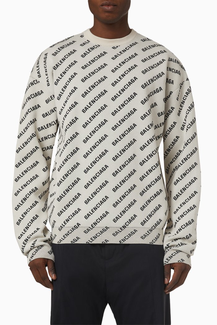 

All-Over Logo Crewneck Sweater in Wool & Cotton, Neutral