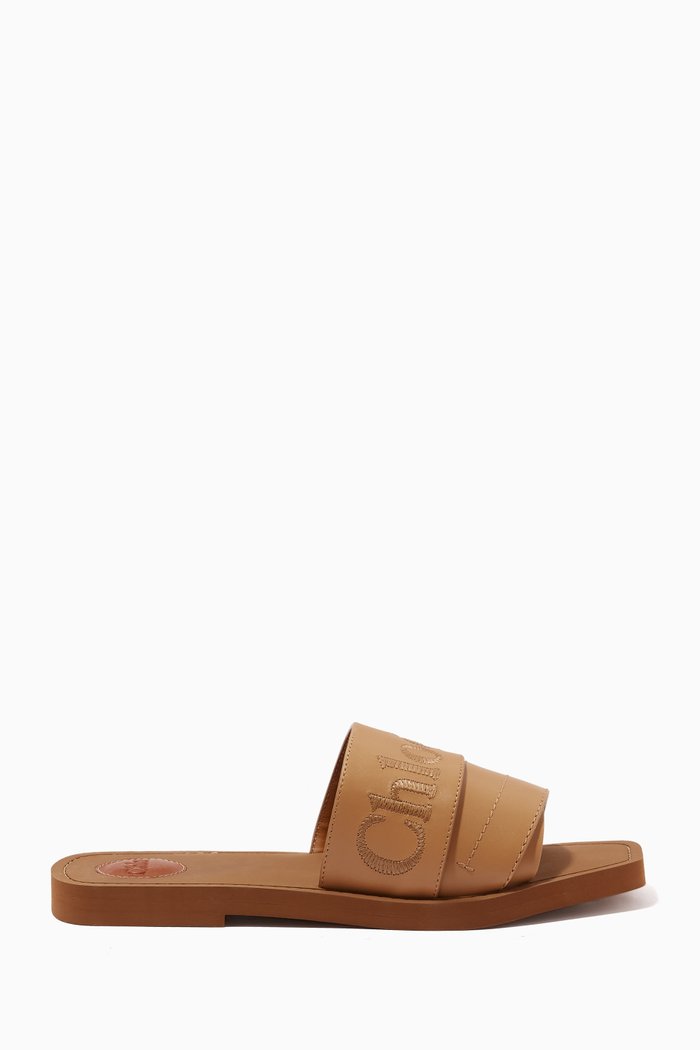

Woody Logo Slide Sandals in Calfskin, Neutral