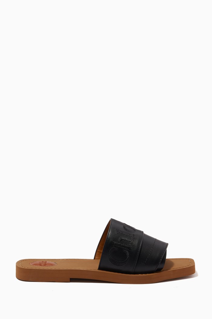 

Woody Logo Slide Sandals in Calfskin, Black