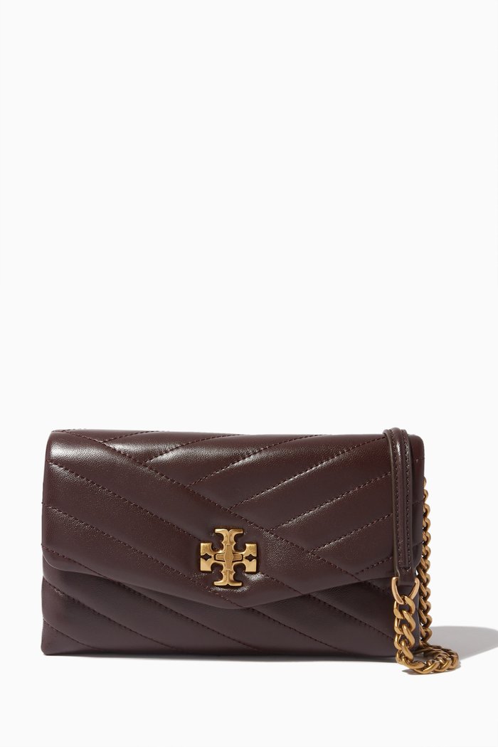 

Kira Chevron Chain Wallet in Quilted Leather, Brown