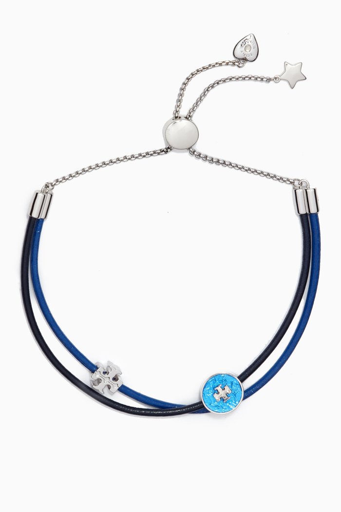 

Kira Enamel Slider Bracelet in Leather & Silver-tone Brass, Blue