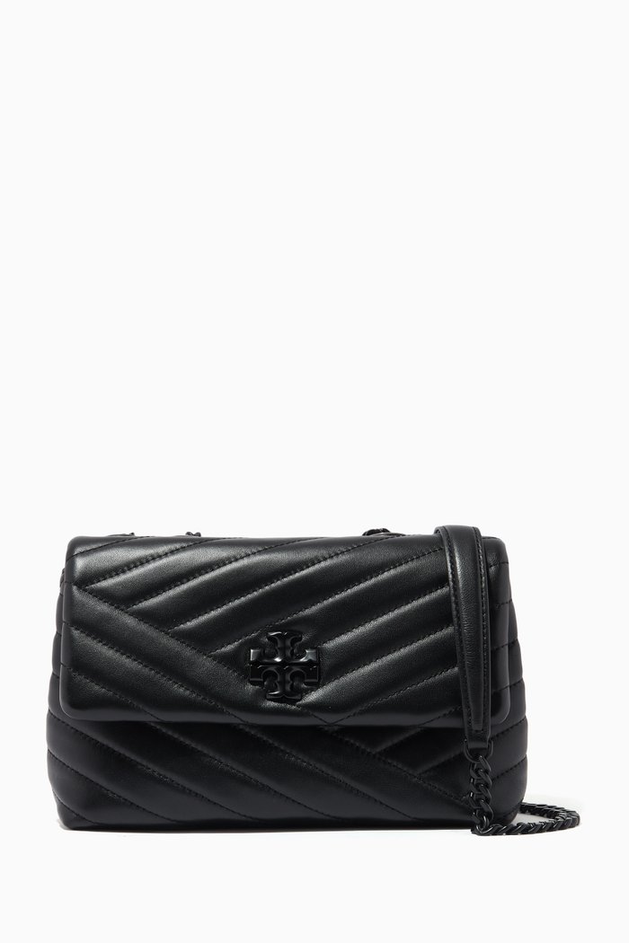 

Kira Chevron Convertible Small Shoulder Bag in Powder-coated Leather, Black