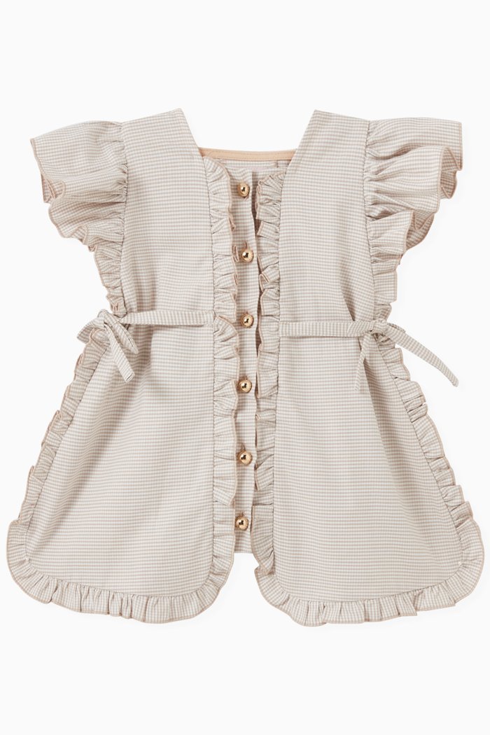 Check-print Ruffled Dress in Cotton, Neutral
