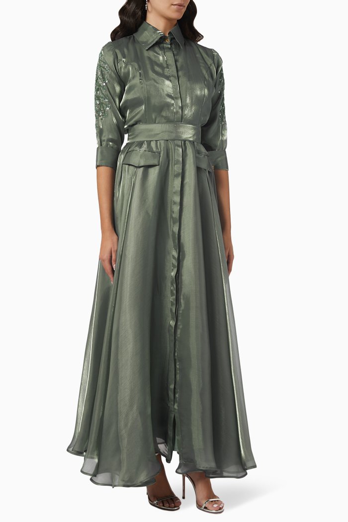 

Embellished Belted Shirt Gown in Glass Organza, Grey