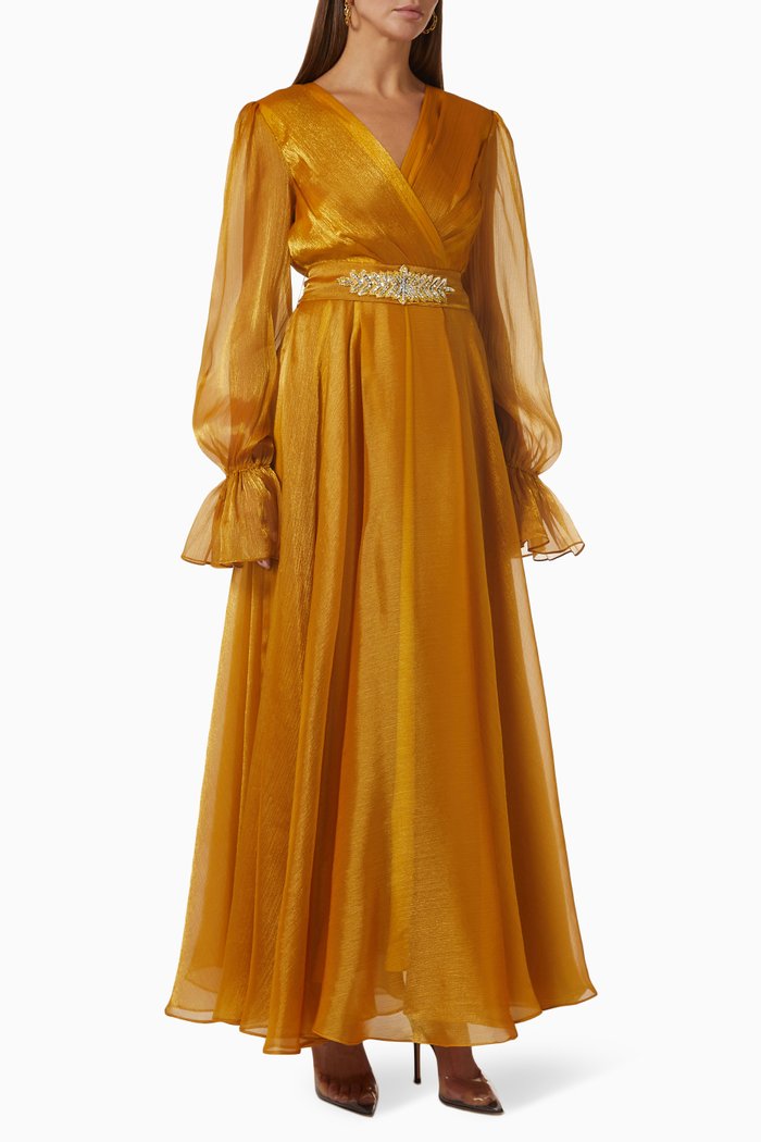 

Embellished Belted Gown in Chiffon, Yellow