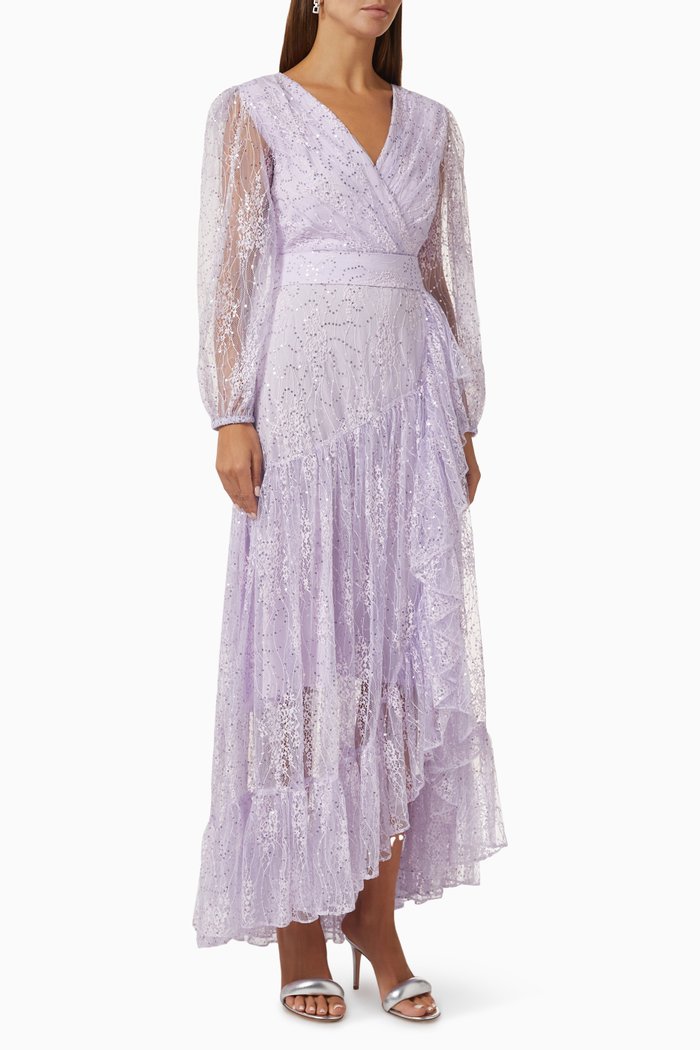 

Embellished Wrap Dress in French Lace, Purple