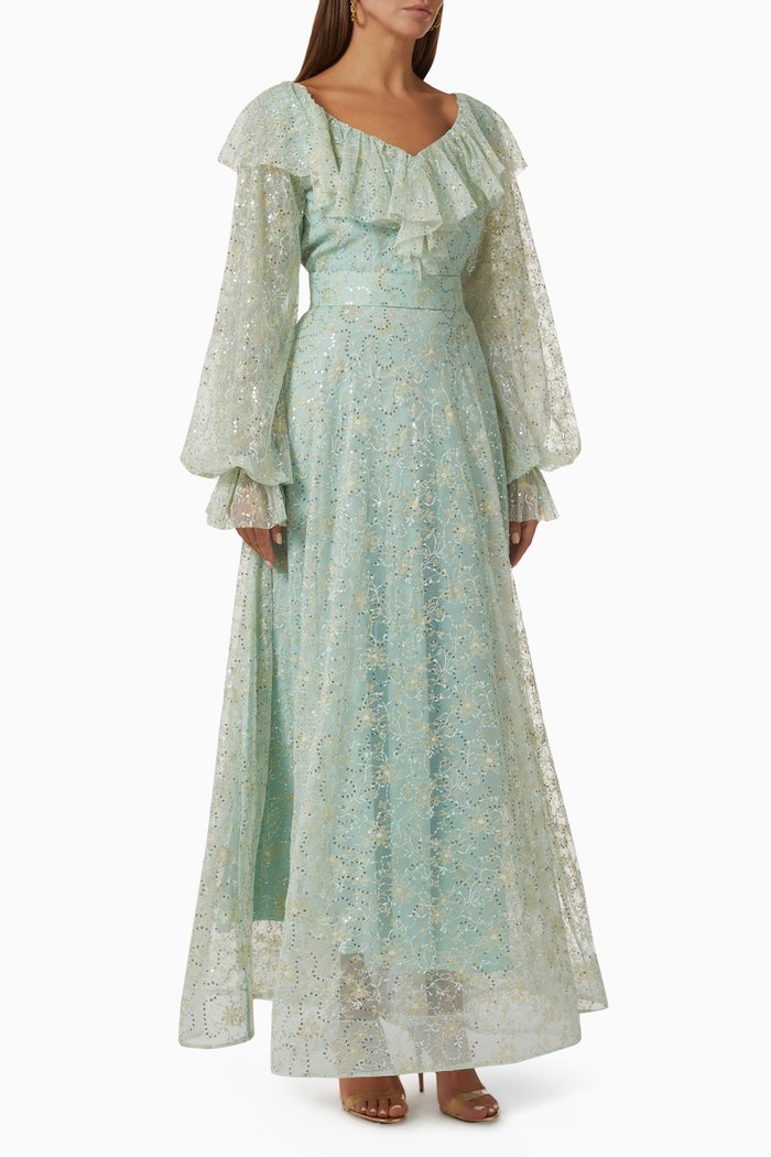 

Embellished Ruffle Dress in French Lace, Blue