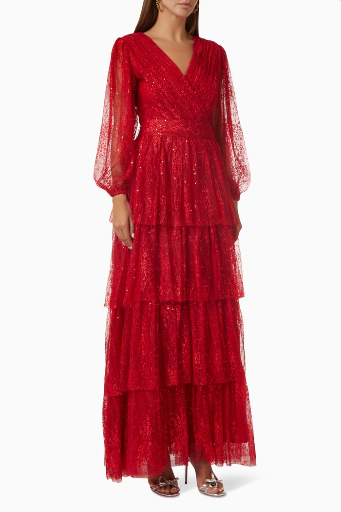 

Embellished Tiered Dress in French Lace, Red