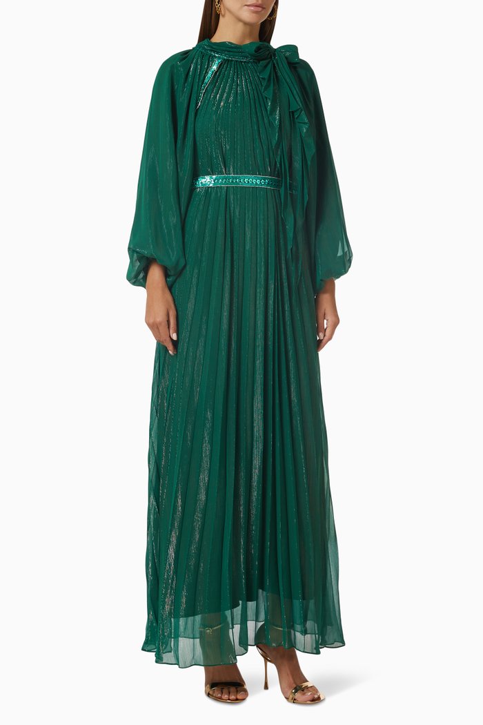 

Pleated Metallic Dress in Chiffon, Green