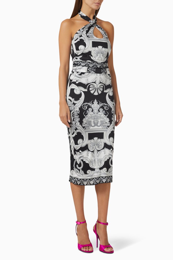 

Baroque Halterneck Midi Dress in Viscose, Black