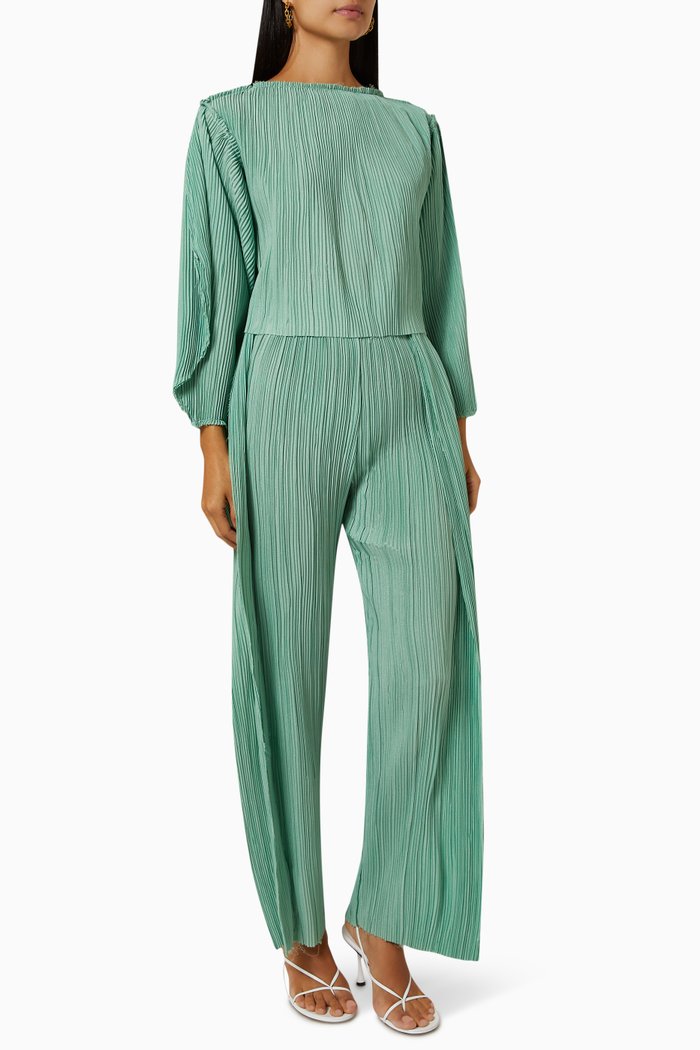 

Pleated Blouse & Pants Set, Green