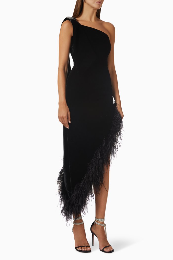 One-shoulder Feathered Midi Dress in Velvet, Black