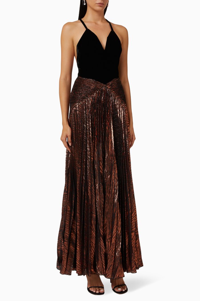 

Pleated Maxi Dress in Velvet, Metallic