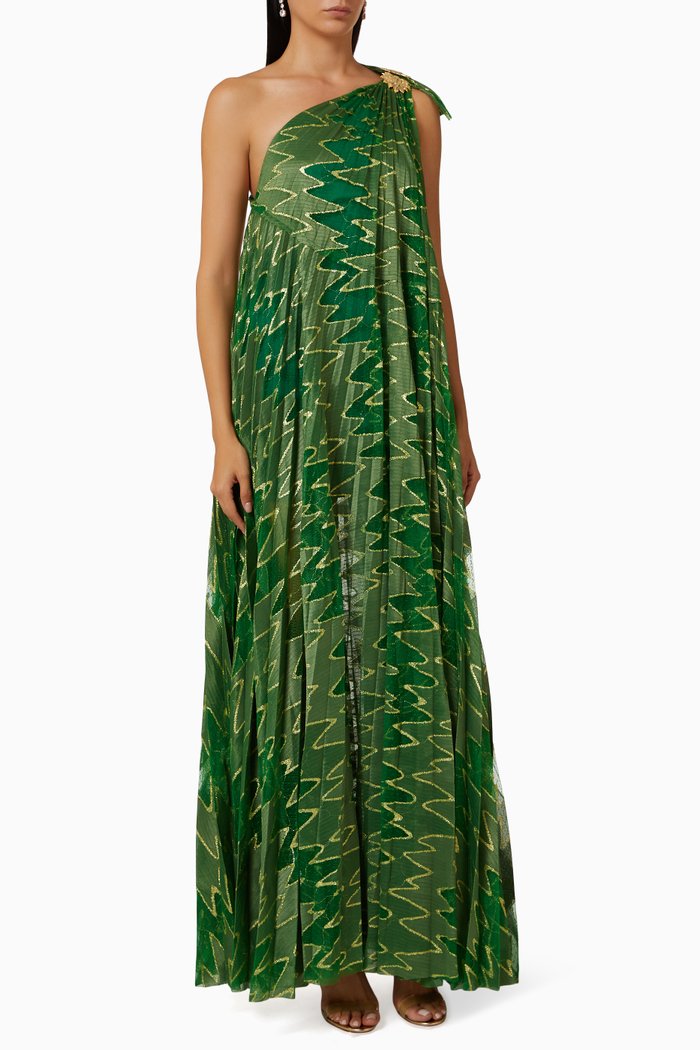 

Glittered Pleated Maxi Dress in Crepe, Green