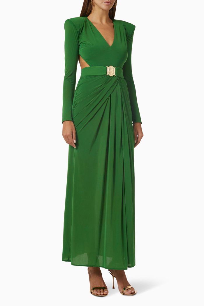 

Belted Drape Maxi Dress in Stretch Jersey, Green