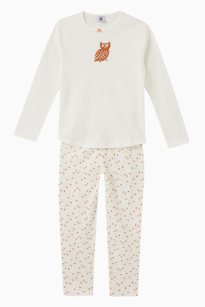 

Owl Print Pyjama in Cotton, Set of Two, White