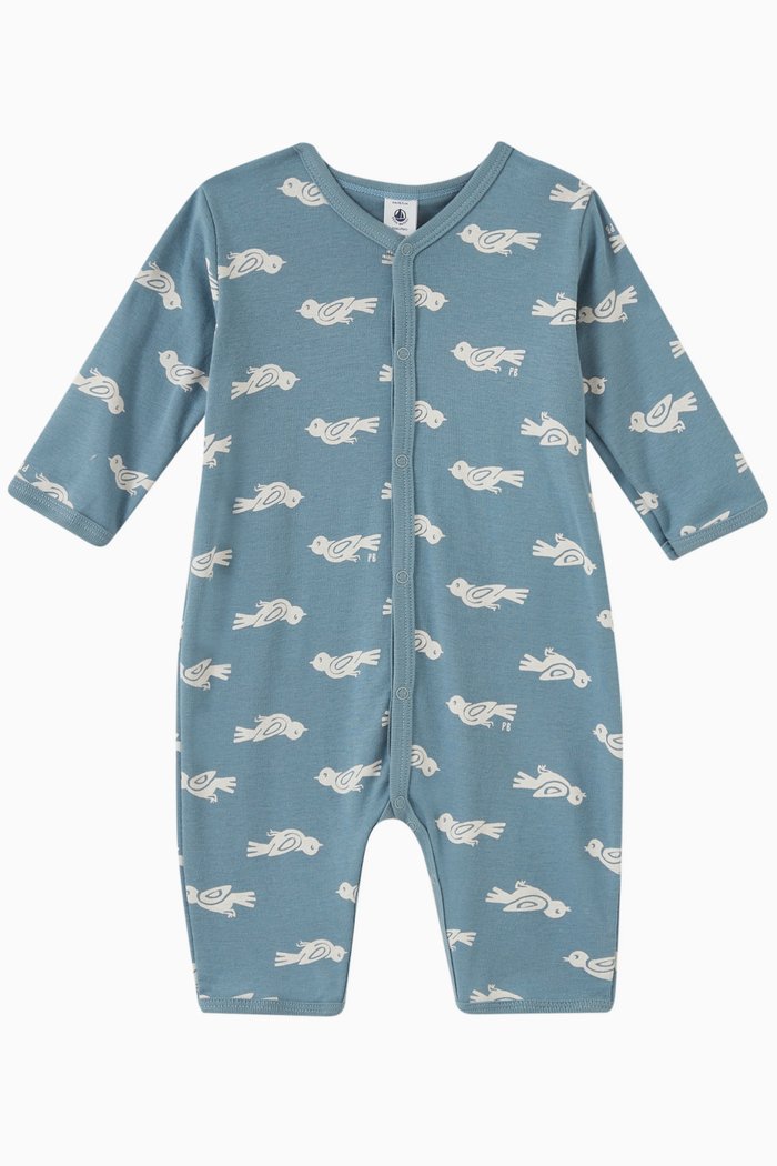 

Bird Print Romper in Organic Cotton, Blue
