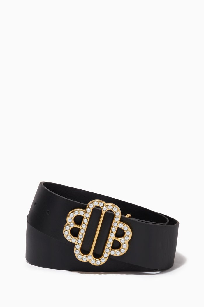 

Pearl-studded Clover-frame Logo Belt in Leather, Black