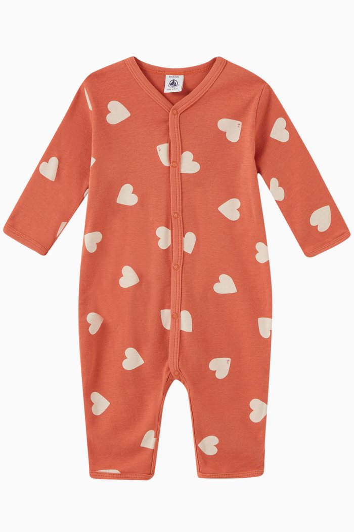 Heart Print Romper in Organic Cotton, Orange