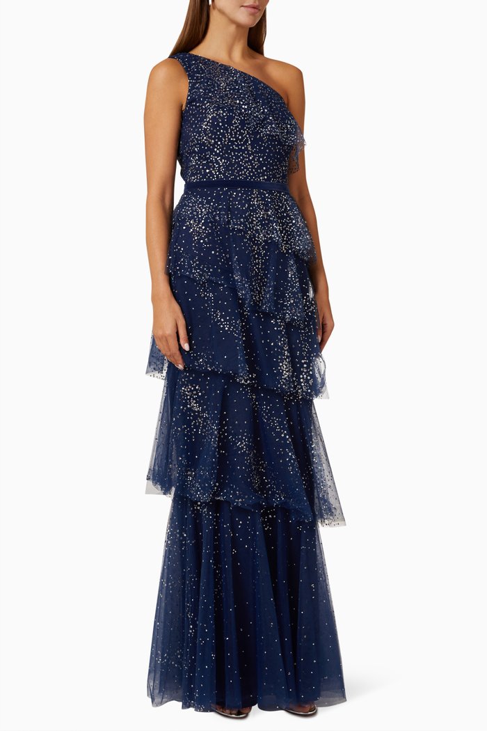 One-shoulder Tiered Gown in Tulle, Blue