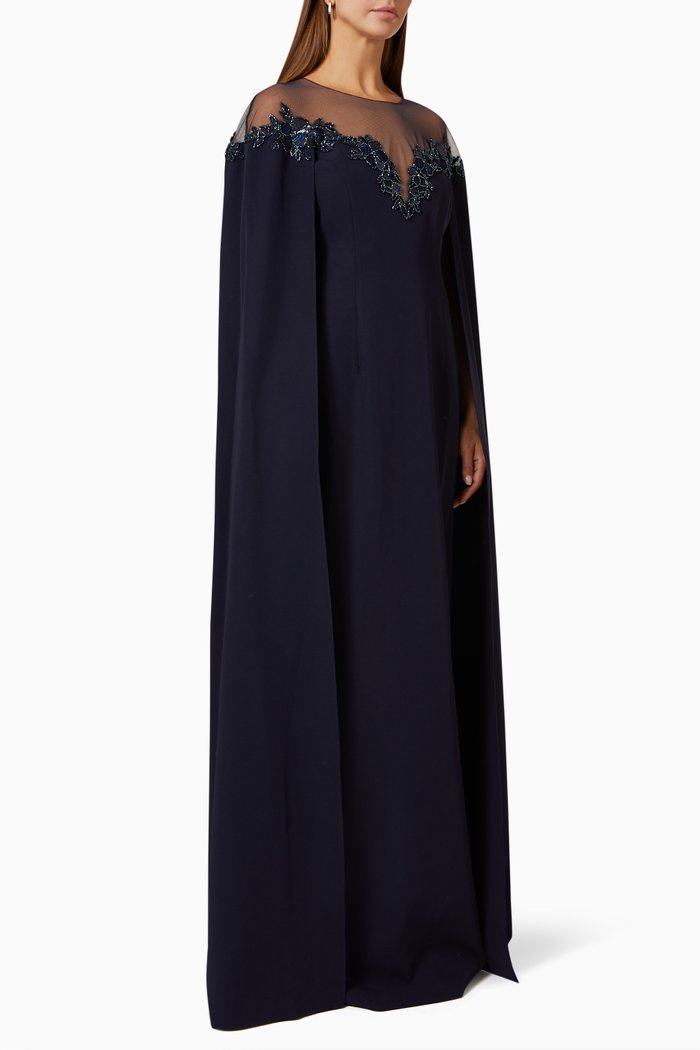 Beaded Cape Gown in Crepe, Blue