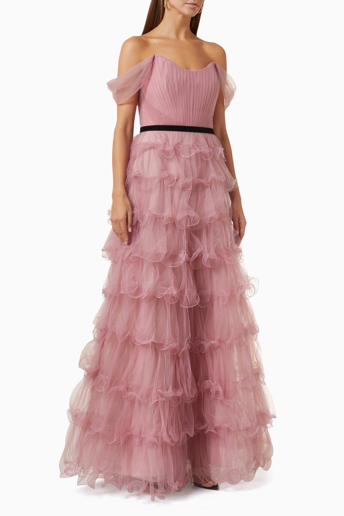 

Ruffle Tiered Gown in Tulle, Purple