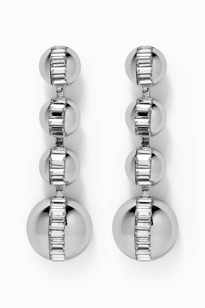 

Multi Sphere Rhinestone Baguette Earrings in Metal, Silver