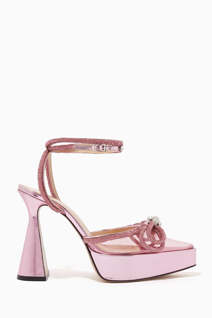 Double Bow Crystal 140 Platform Pumps in PVC & Metallic Leather, Pink