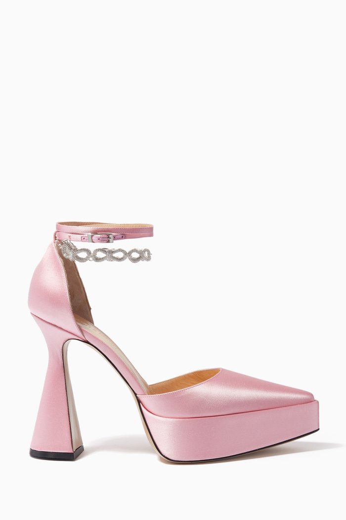 

Crystal Bow Chain 140 Platform Pumps in Satin, Pink