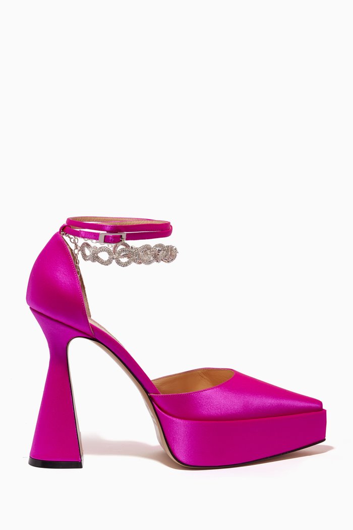 

Crystal Bow Chain 140 Platform Pumps in Satin, Pink