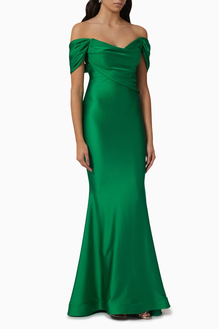 

Off-shoulder Draped Gown in Stretch Crepe Jersey, Green