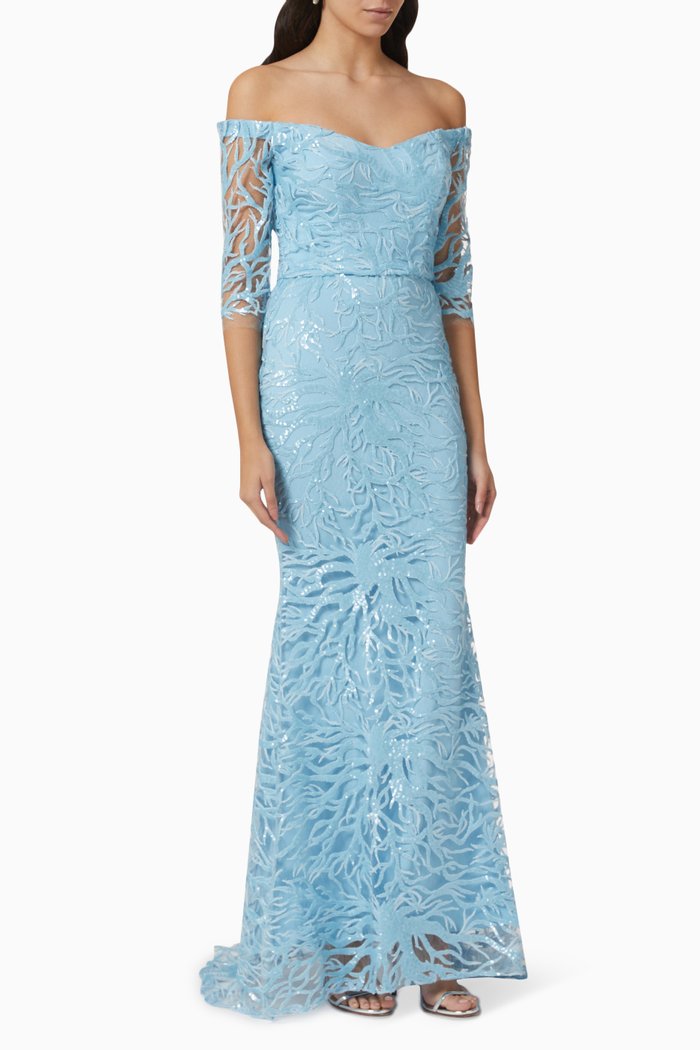 

Off-shoulder Gown in Sequinned Tulle, Blue