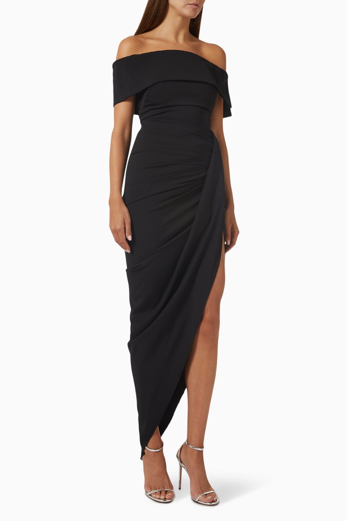 Off-shoulder Ruched Gown in Jersey, Black