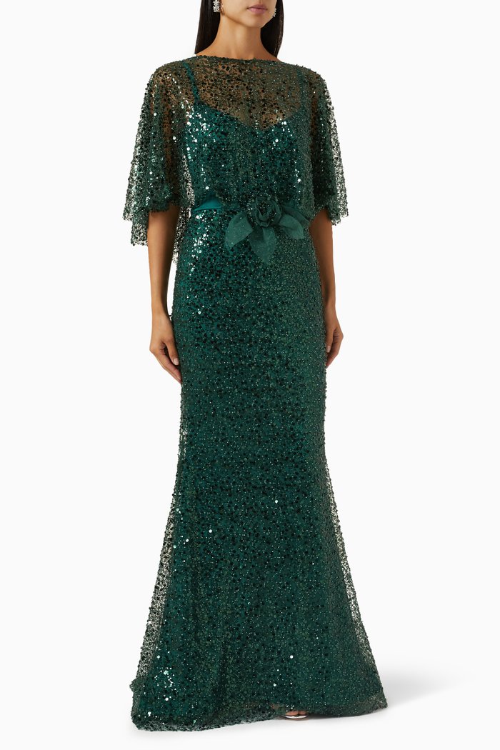 

Mermaid Cape Gown in Stretch-sequin, Green