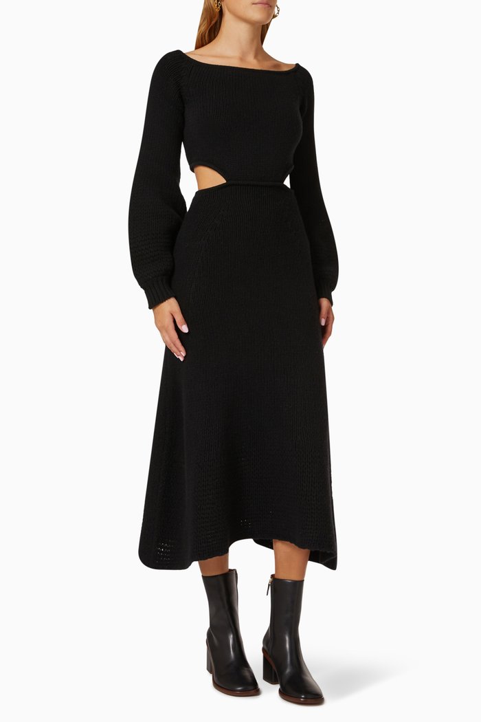 

Off-shoulder Midi Dress in Wool-blend, Black
