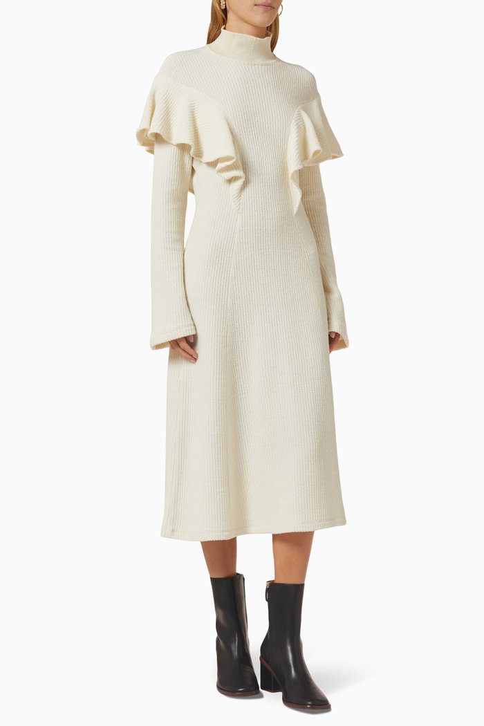 

Ruffled Midi Dress in Cashmere-knit, White