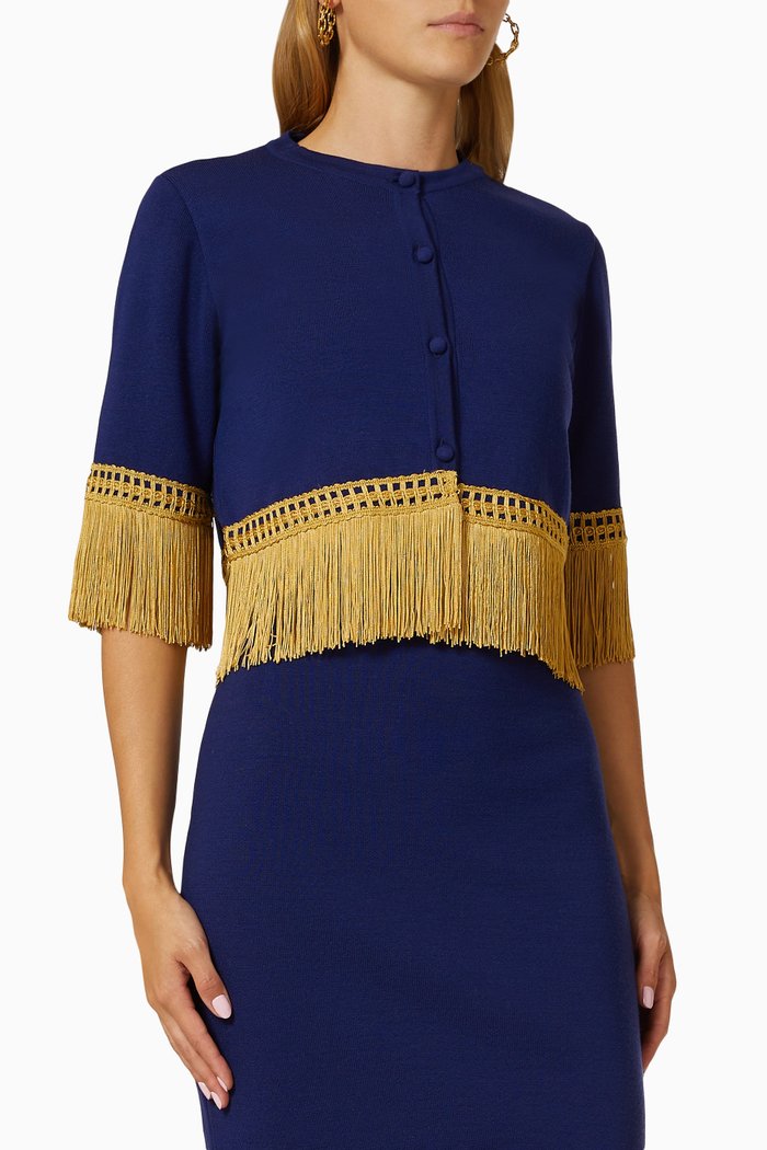 

Fringe-trimmed Cropped Cardigan in Wool, Blue