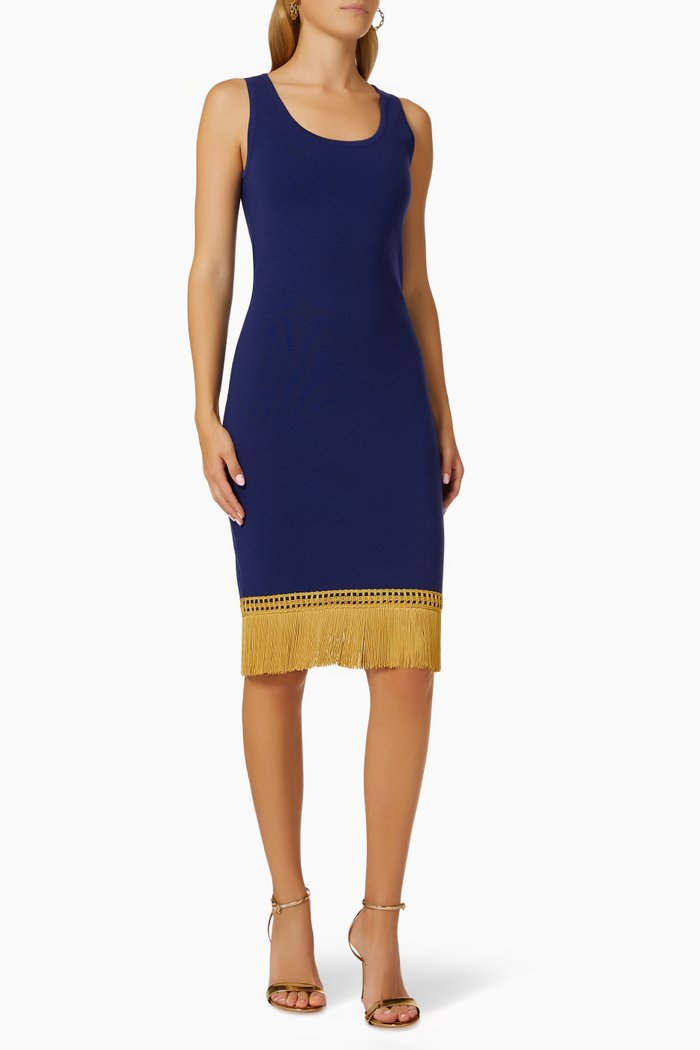 

Fringe-trimmed Midi Dress in Wool, Blue