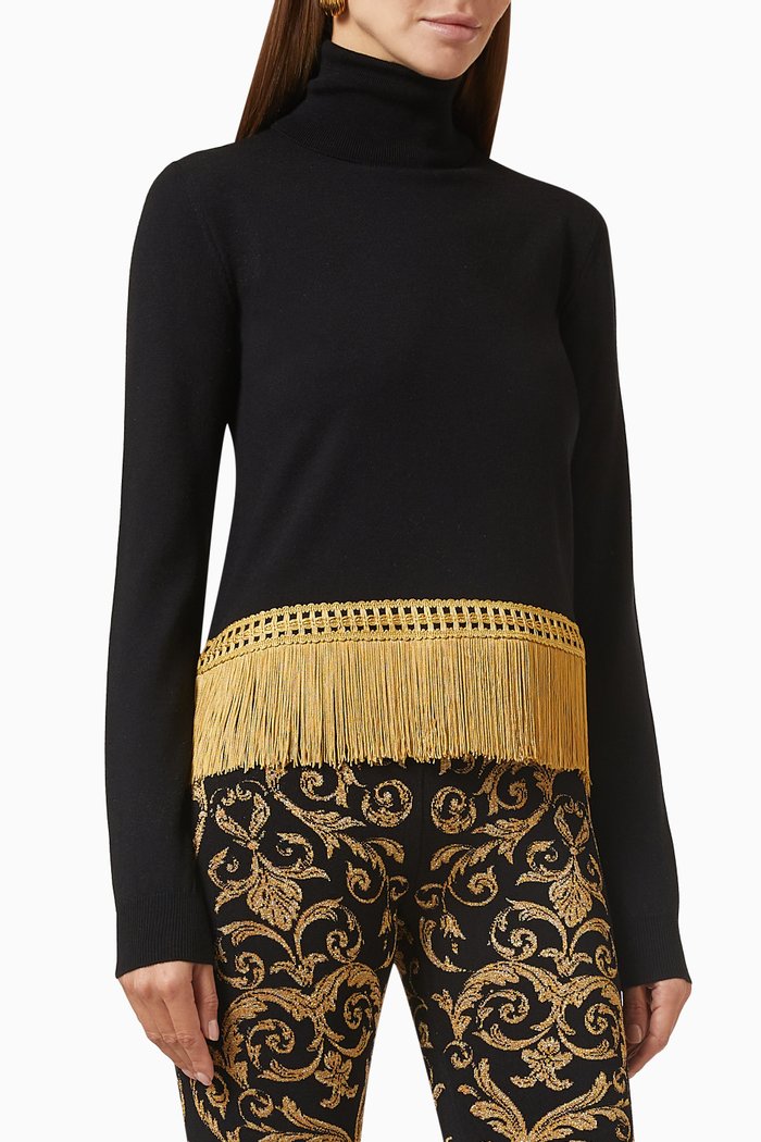 Turtleneck Fringed Sweater in Wool, Black