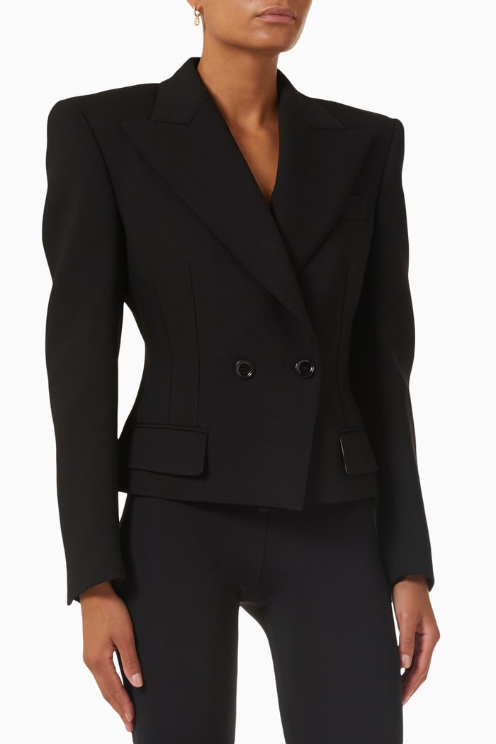 

Double-breasted Cropped Jacket in Wool Crêpe, Black