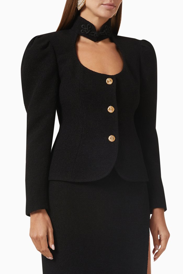 

Nehru Collar Jacket in Tweed Boucle, Black