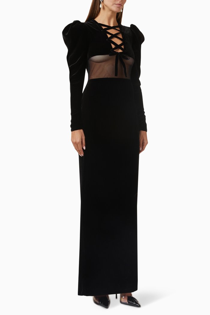 

Mesh Insert Maxi Dress in Velvet, Black