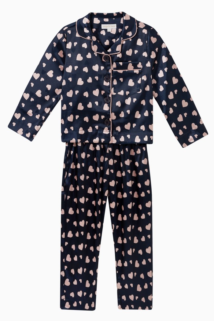 

Clairey Heart Pyjama Set in Satin, Blue
